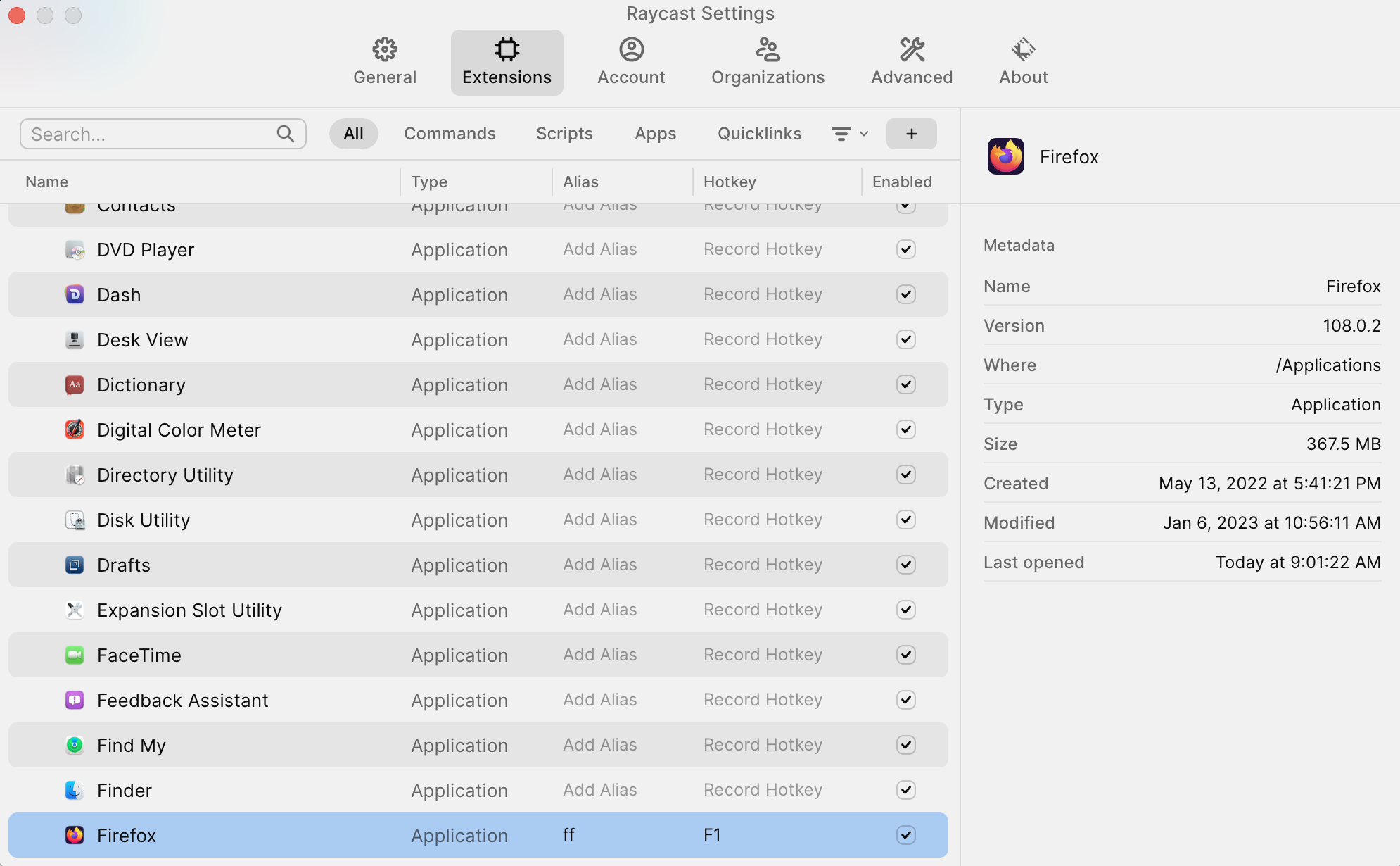 Raycast Application Settings Screen